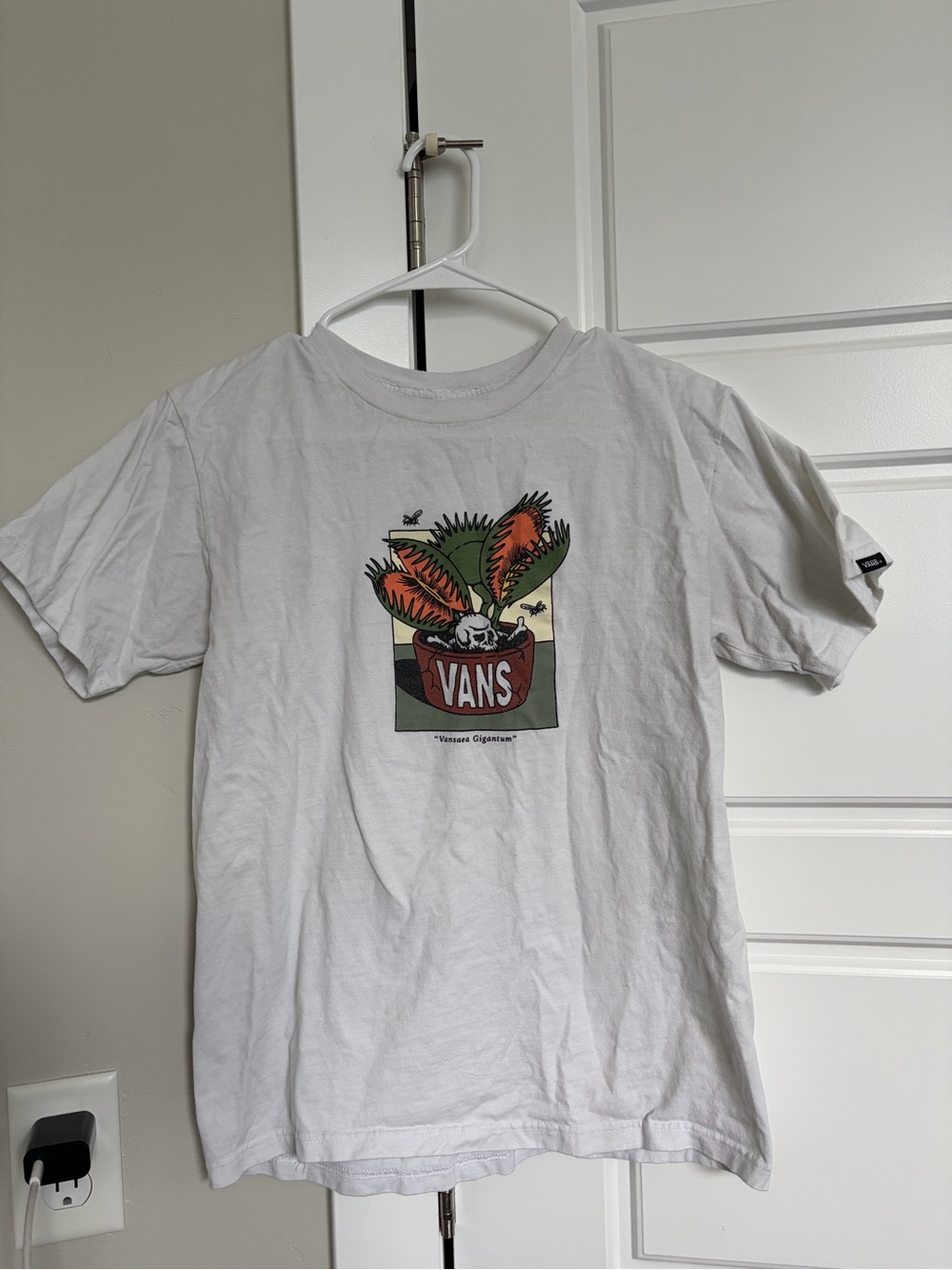 Vans White Tee with Green and Orange Carnivorous Plant Graphic
